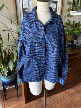 Chico’s Navy Zebra Animal Print Cotton Lyocell Denim Jacket sz 3 Classic Boho